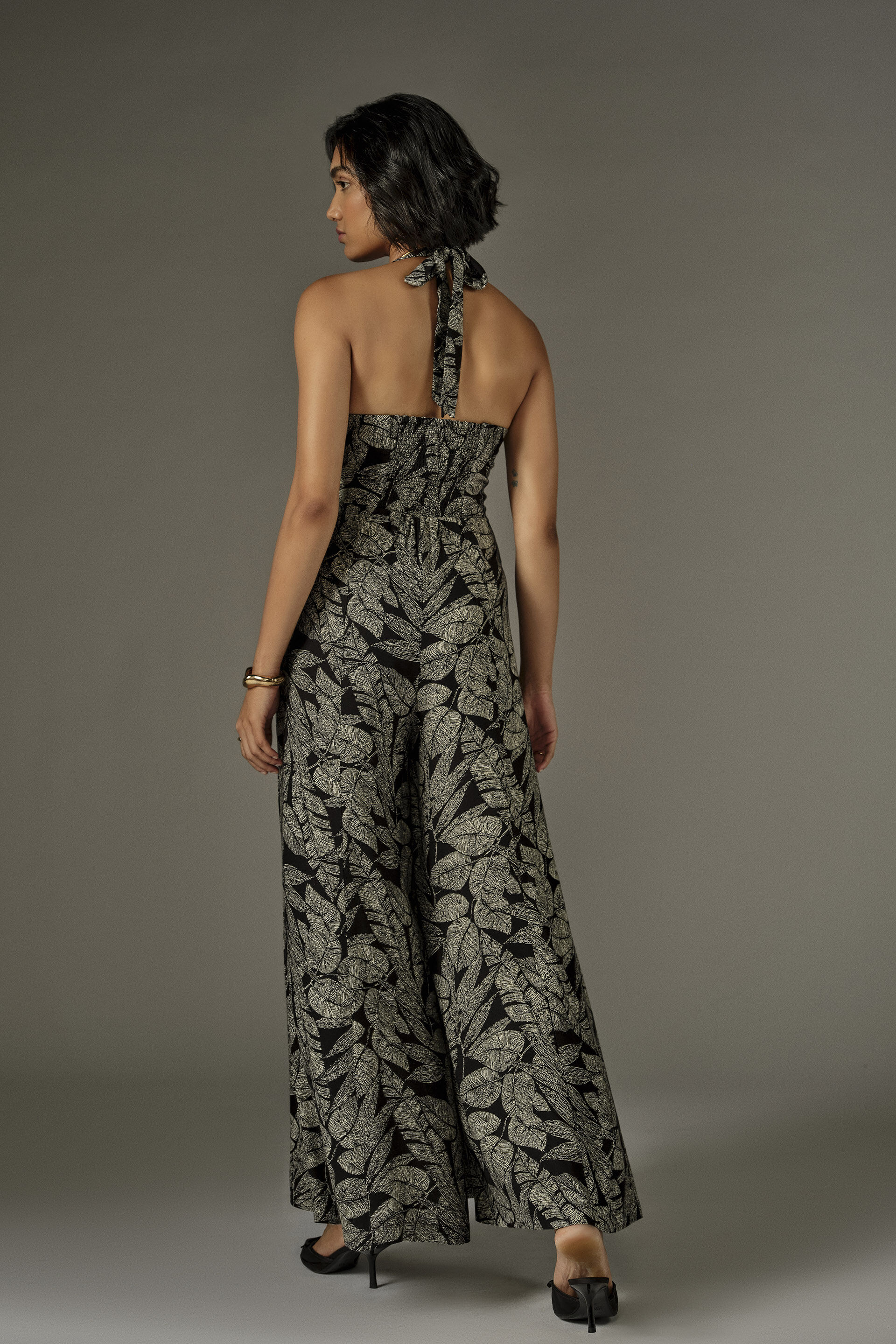 Flared Leaf Print Jumpsuit in Black, Black, image 6
